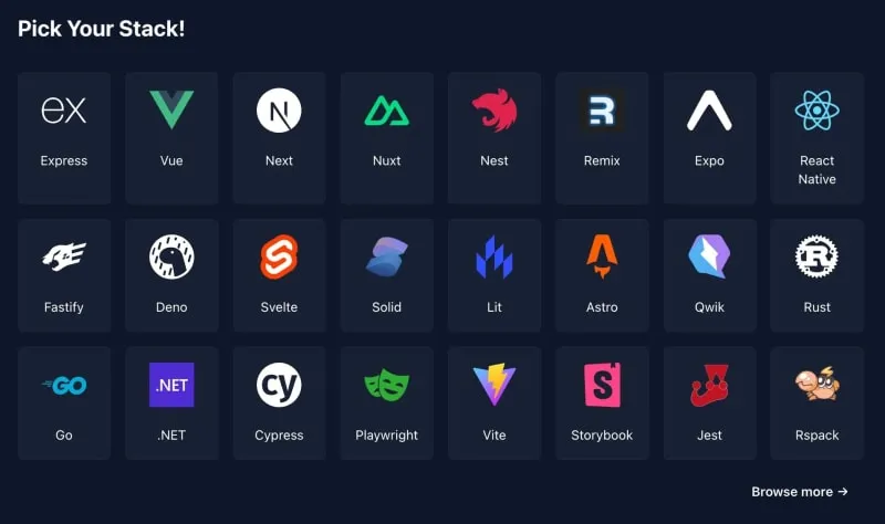 Examples include Express, Vue, Next, Nuxt, Rract Native, Rust, Go, Storybook, and more.